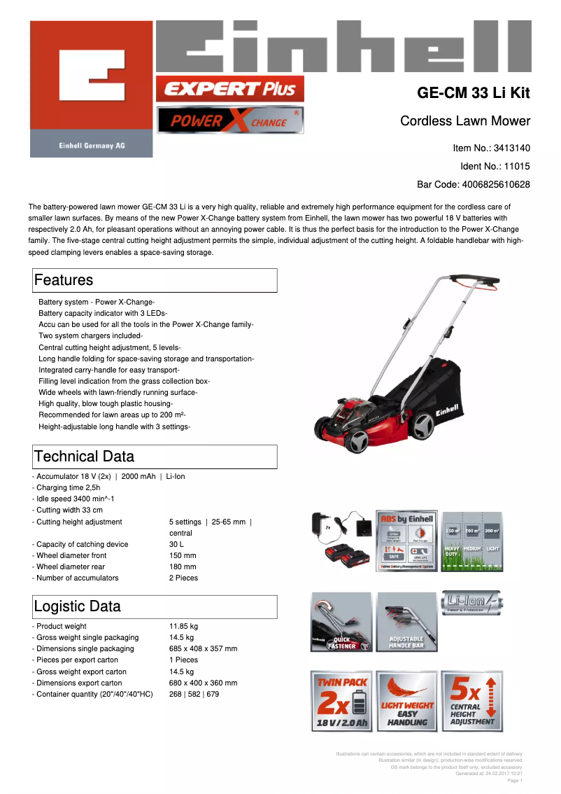 Page n°1 - Fiche technique Einhell GE-CM 33 Li Kit