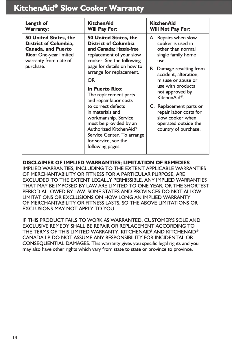 Page 1 de la notice Informations de garantie KitchenAid KSC6222ACS