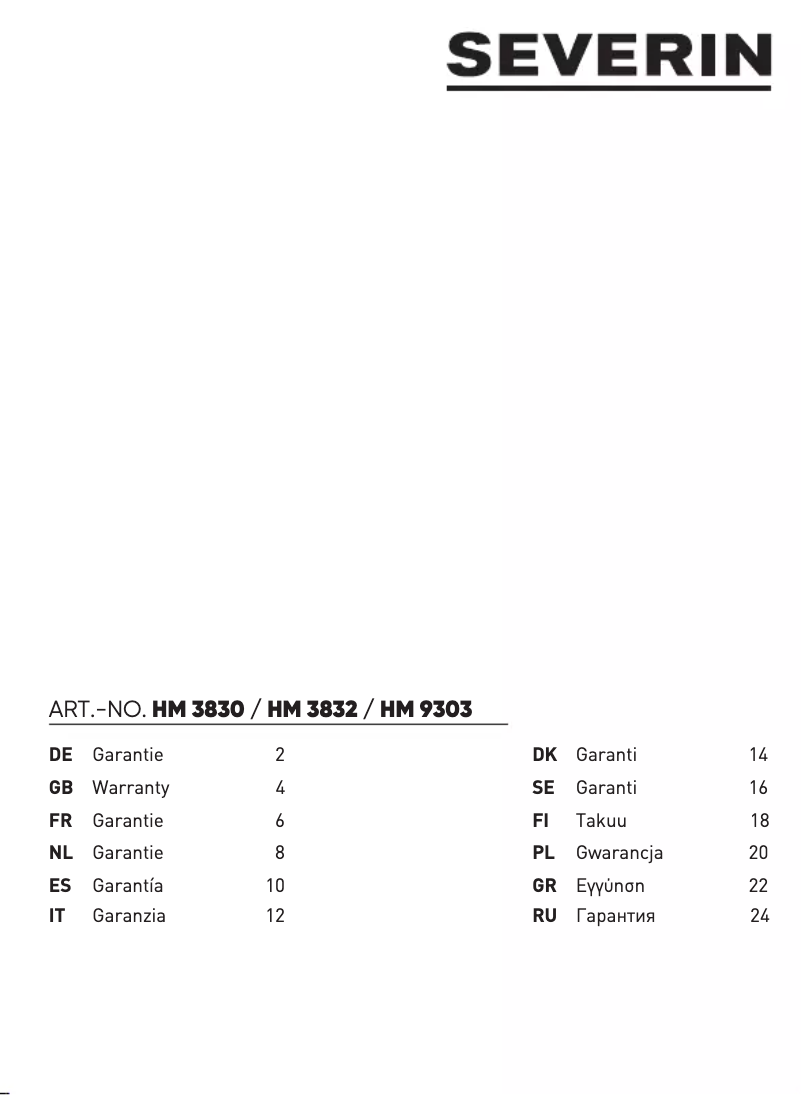 Page 1 de la notice Informations de garantie Severin HM 3830