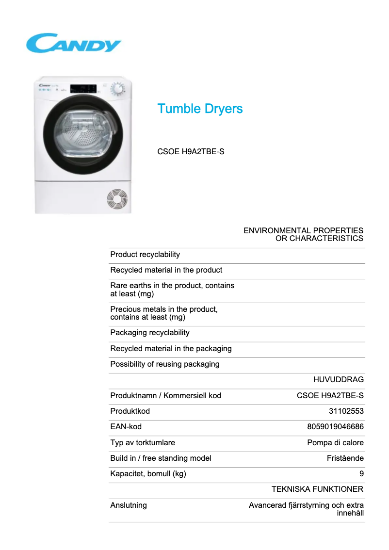 Page 1 de la notice Fiche technique Candy CSOE H9A2TBE-S