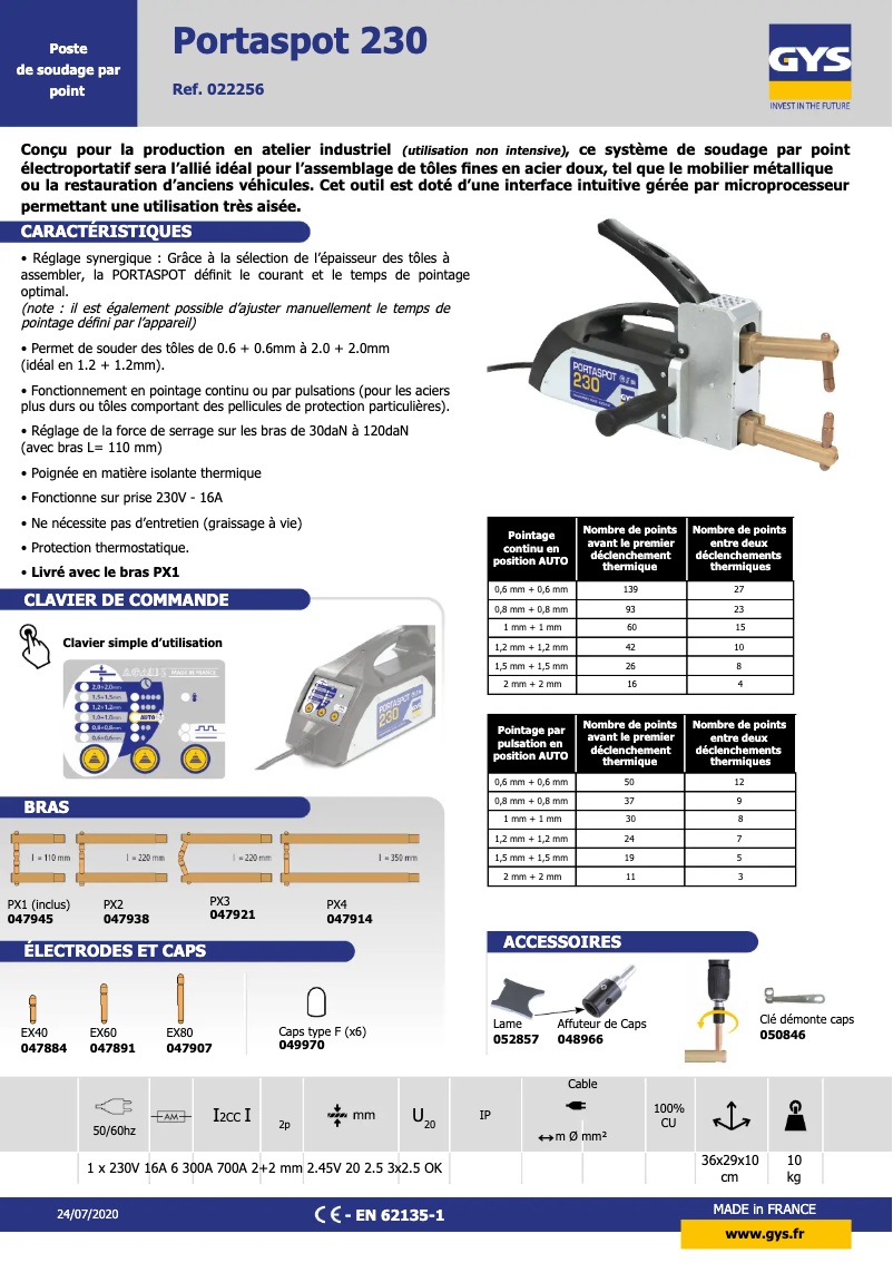 Page 1 de la notice Fiche technique GYS Portaspot 230
