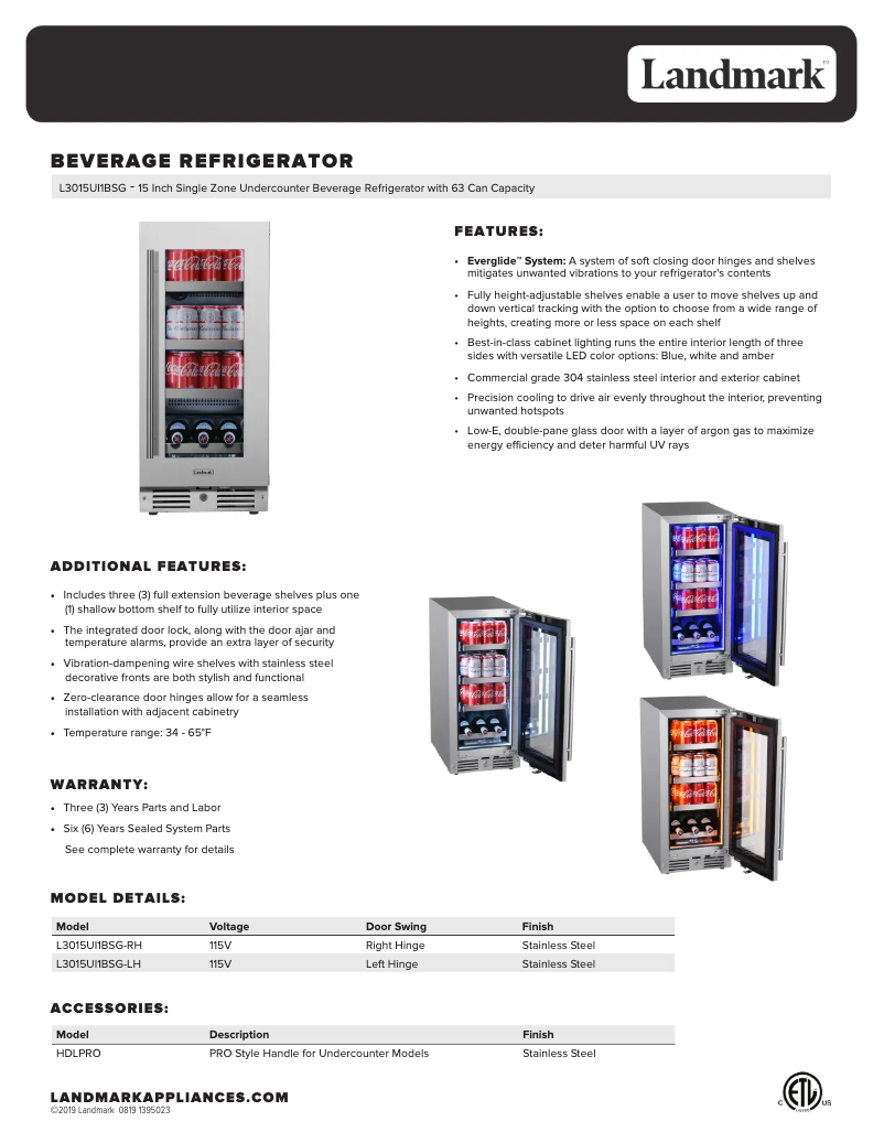 Page 1 de la notice Fiche technique Landmark L3015UI1BPR-RH