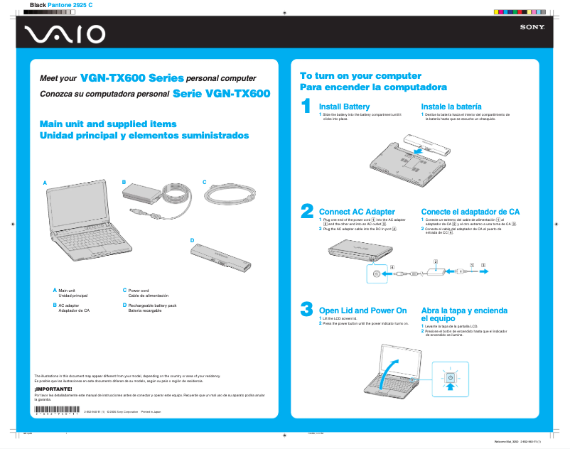 Image de la première page du manuel de l'appareil Vaio VGN-TX650FP