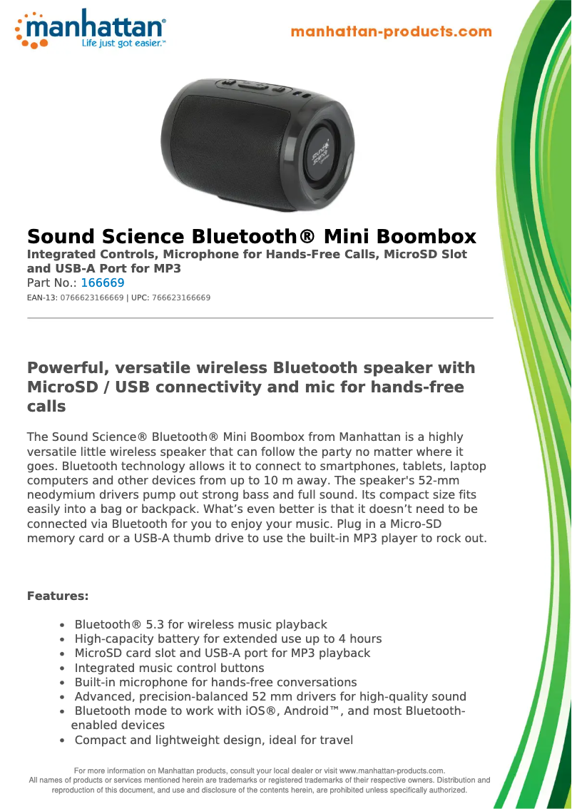 Page 1 de la notice Fiche technique Manhattan 166669