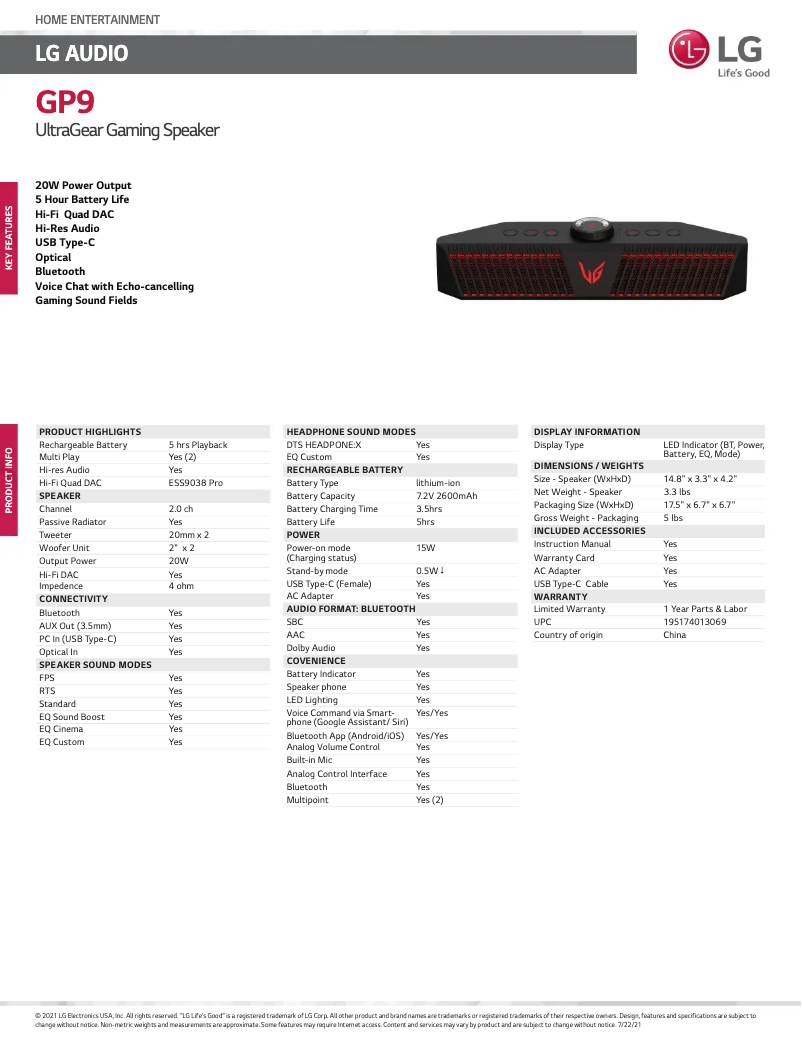 Page 1 de la notice Fiche technique LG GP9