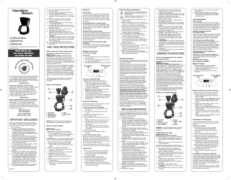 Page 1 de la notice Manuel utilisateur Hamilton Beach 12 Cup 49316R