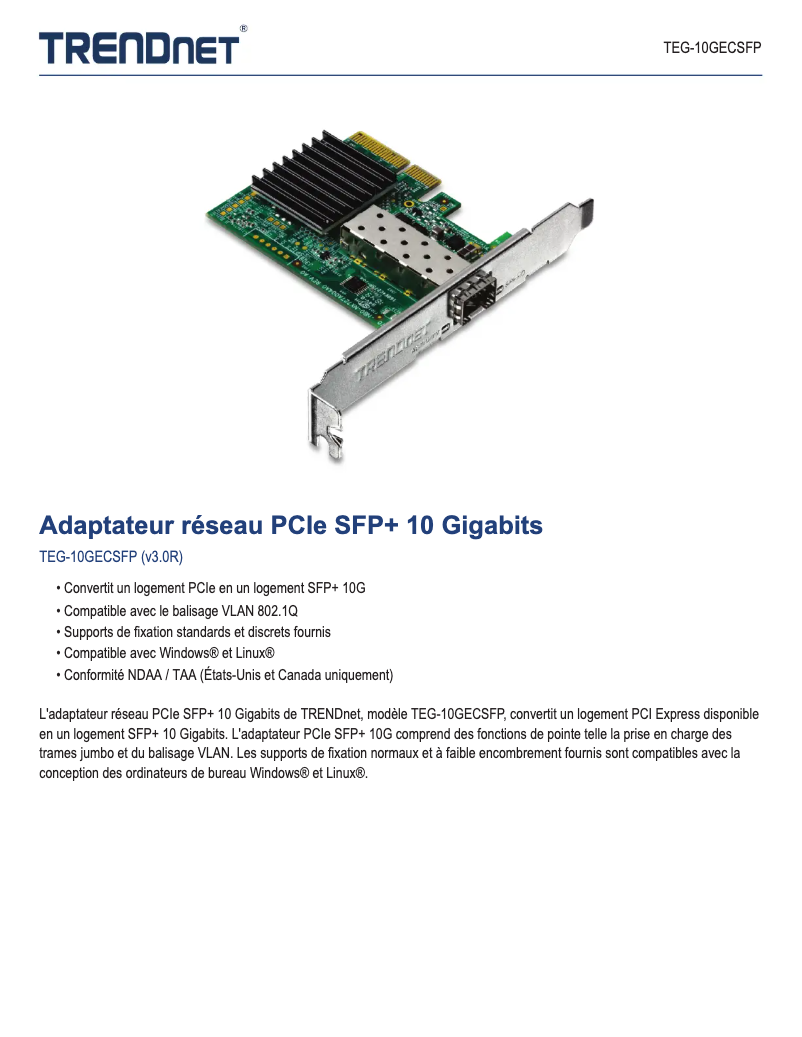 Page 1 of the manual Technical Sheet TRENDnet TEG-10GECSFP