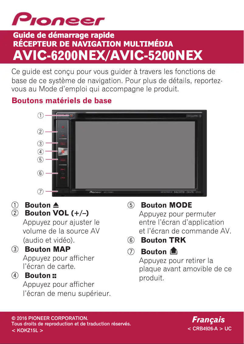 Page 1 de la notice Guide de démarrage rapide Pioneer AVIC-5201NEX