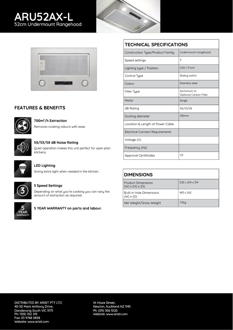 Página 1 del manual Ficha técnica Tisira ARU52AX-L