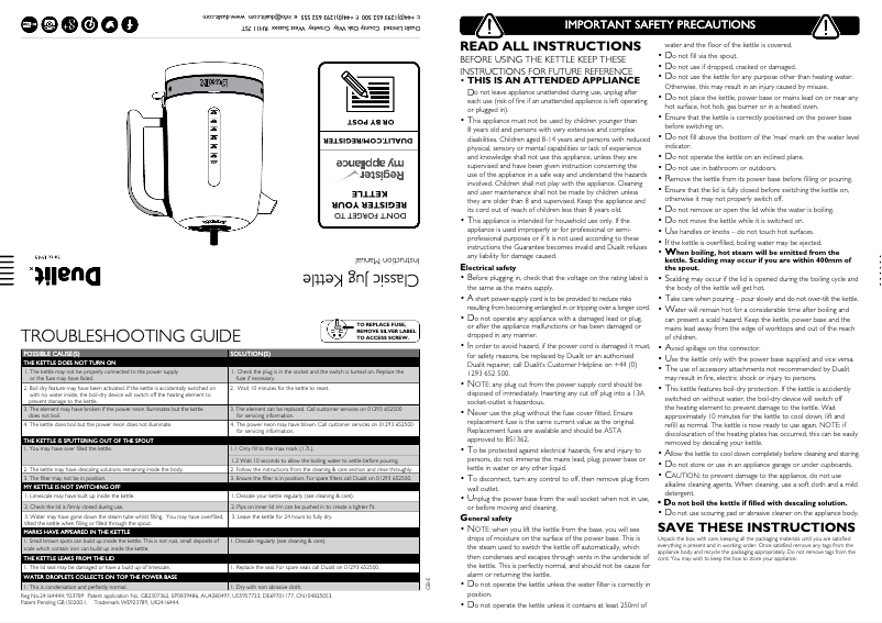 Page 1 de la notice Manuel utilisateur Dualit Classic 72893