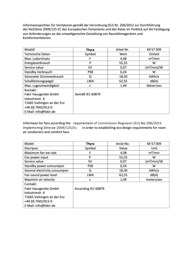 Page 1 de la notice Label énergétique Fakir Thyra