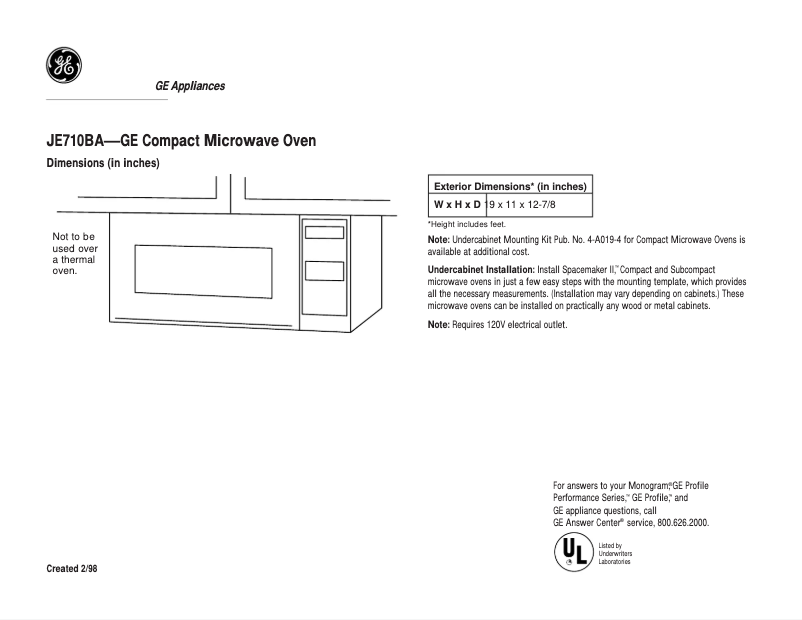 Page 1 de la notice Fiche technique GE JE710BA