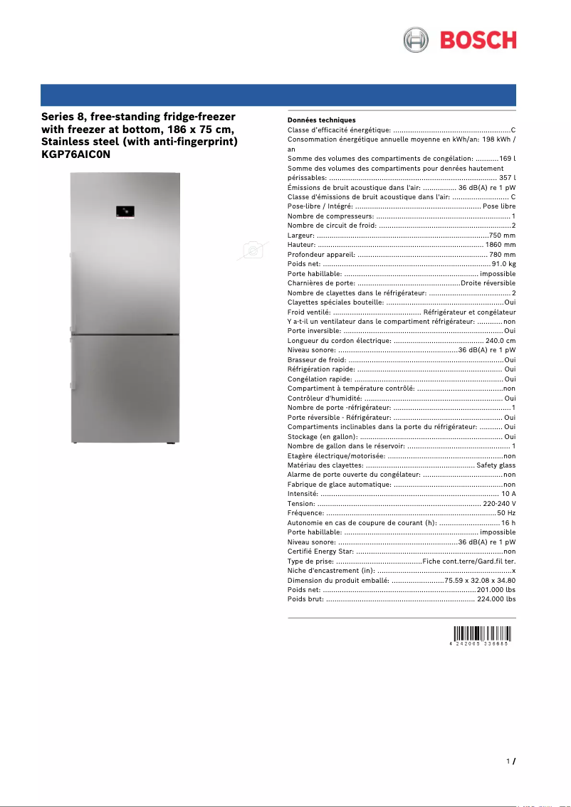 Página 1 del manual Ficha técnica Bosch KGP76AIC0N