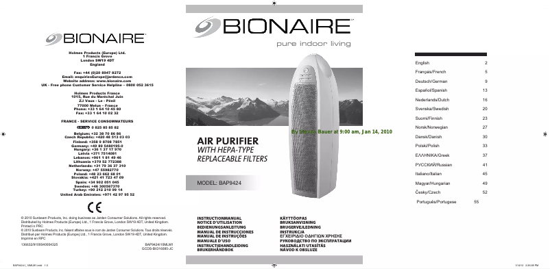 Página 1 del manual Manual de usuario Bionaire BAP9424