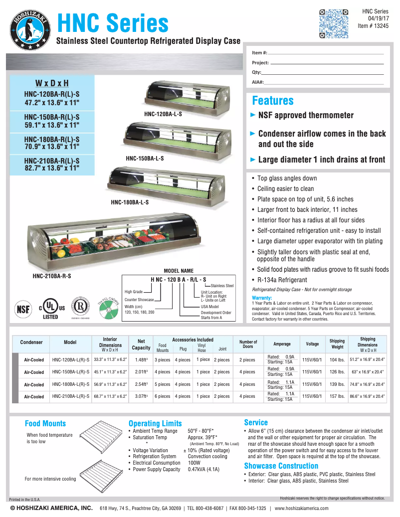 Page n°1 - Fiche technique Hoshizaki HNC-210BA