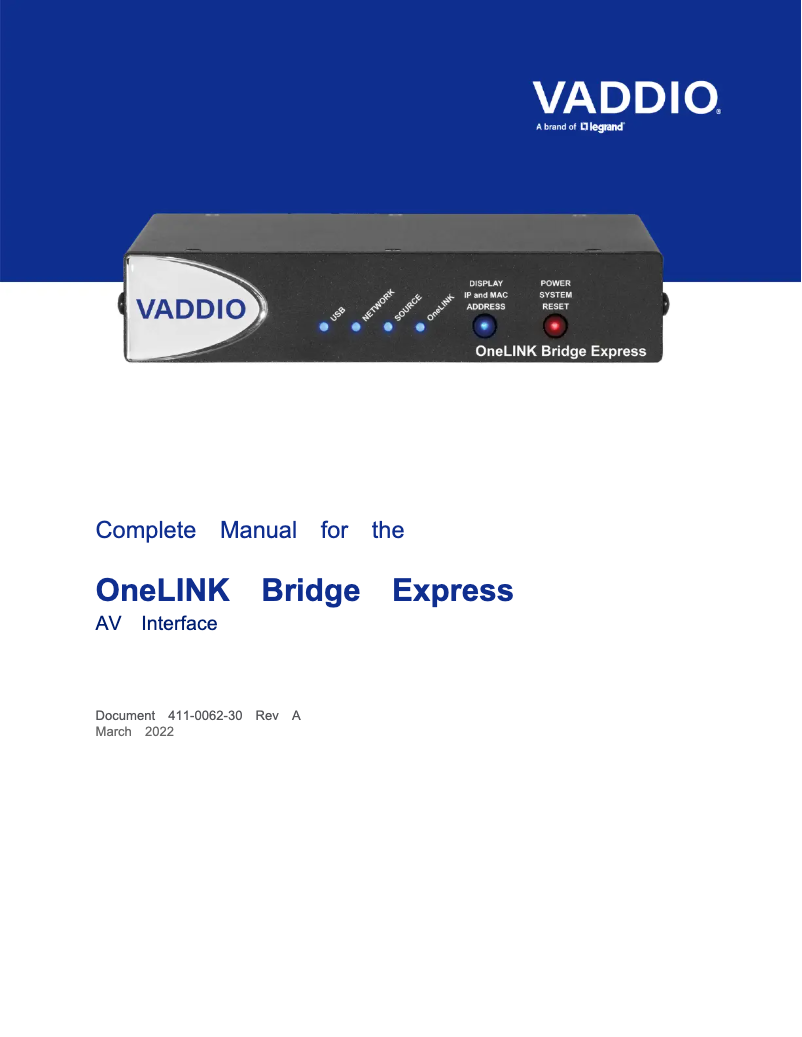 Page 1 de la notice Manuel utilisateur Vaddio OneLINK Bridge Express