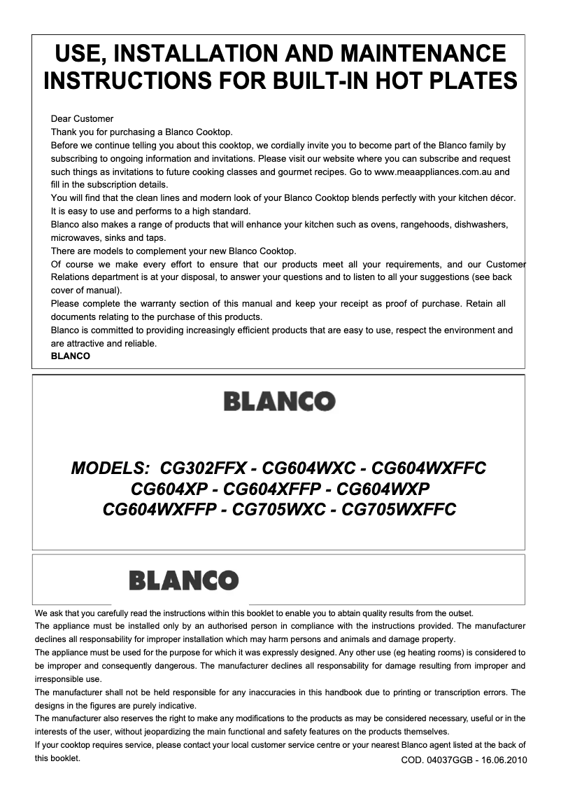 Page n°1 - Manuel utilisateur BLANCO CG705WXC
