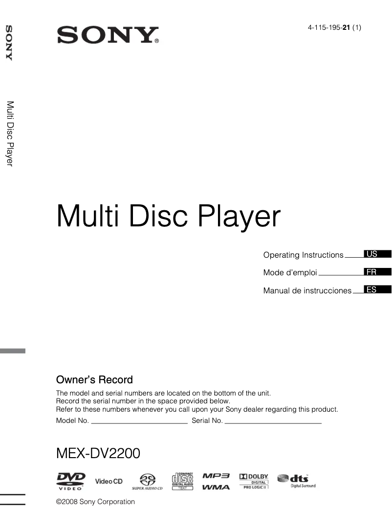 Imagen de la primera página del manual del dispositivo MEX-DV2200