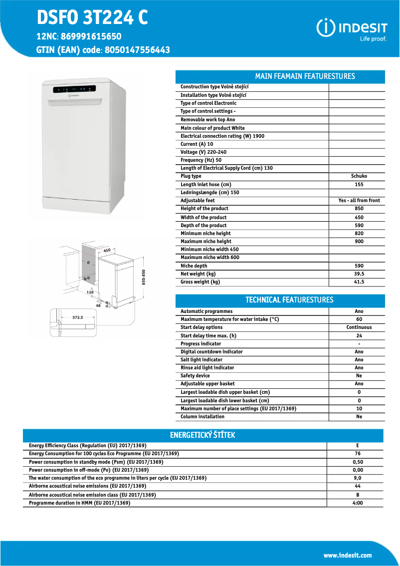 Page 1 de la notice Fiche technique Indesit DSFO 3T224 C