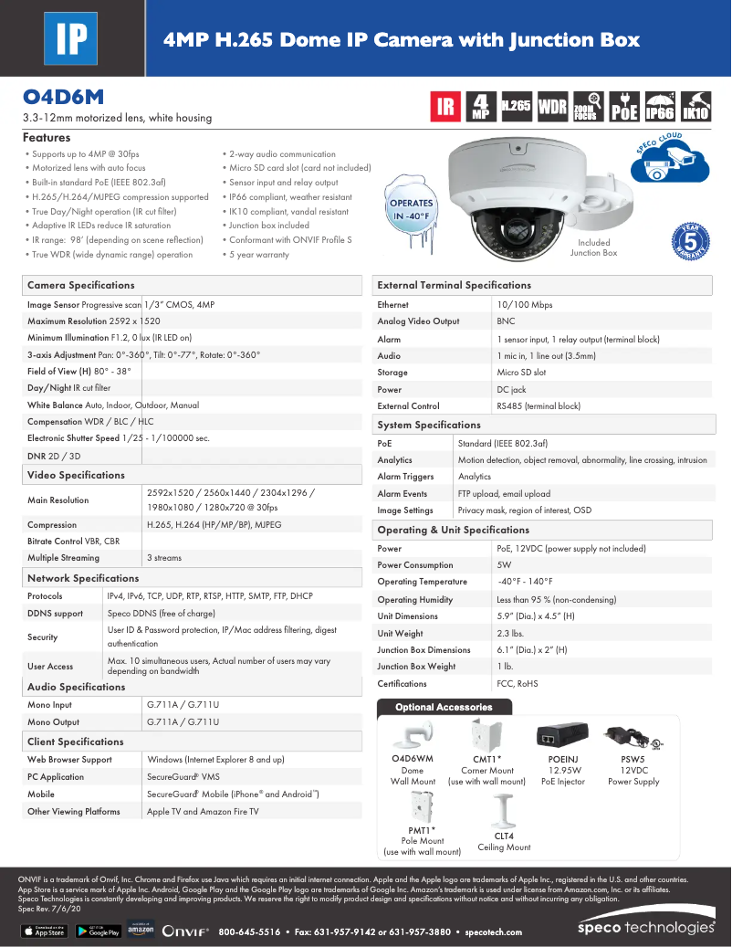 Page 1 de la notice Fiche technique Speco Technologies O4D6M