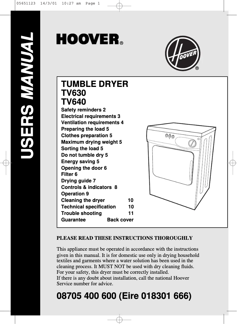Page n°1 - Manuel utilisateur Hoover TV 640 001