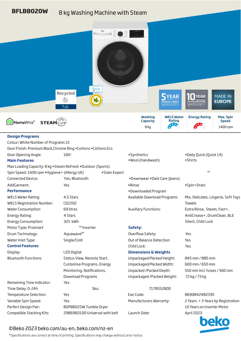 Image de la première page du manuel de l'appareil BFLB8020W