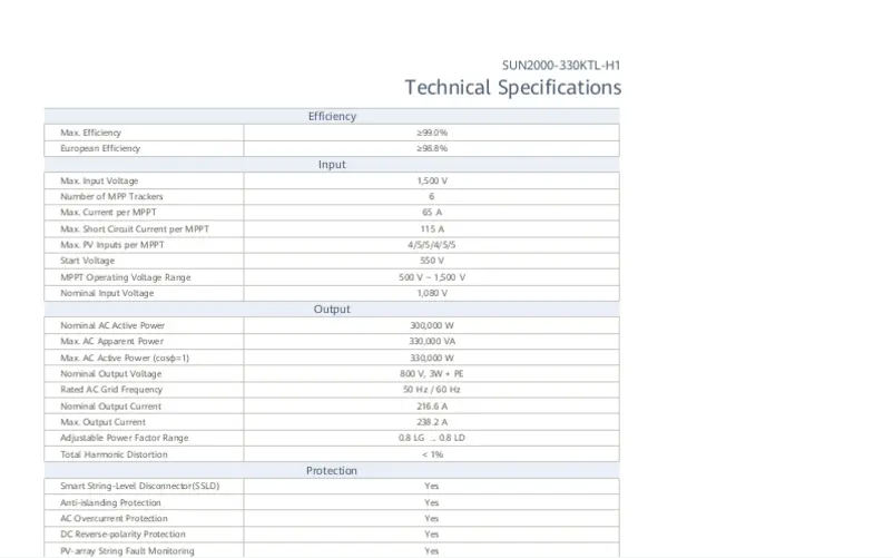 Page 1 de la notice Fiche technique Huawei SUN2000-330KTL-H1