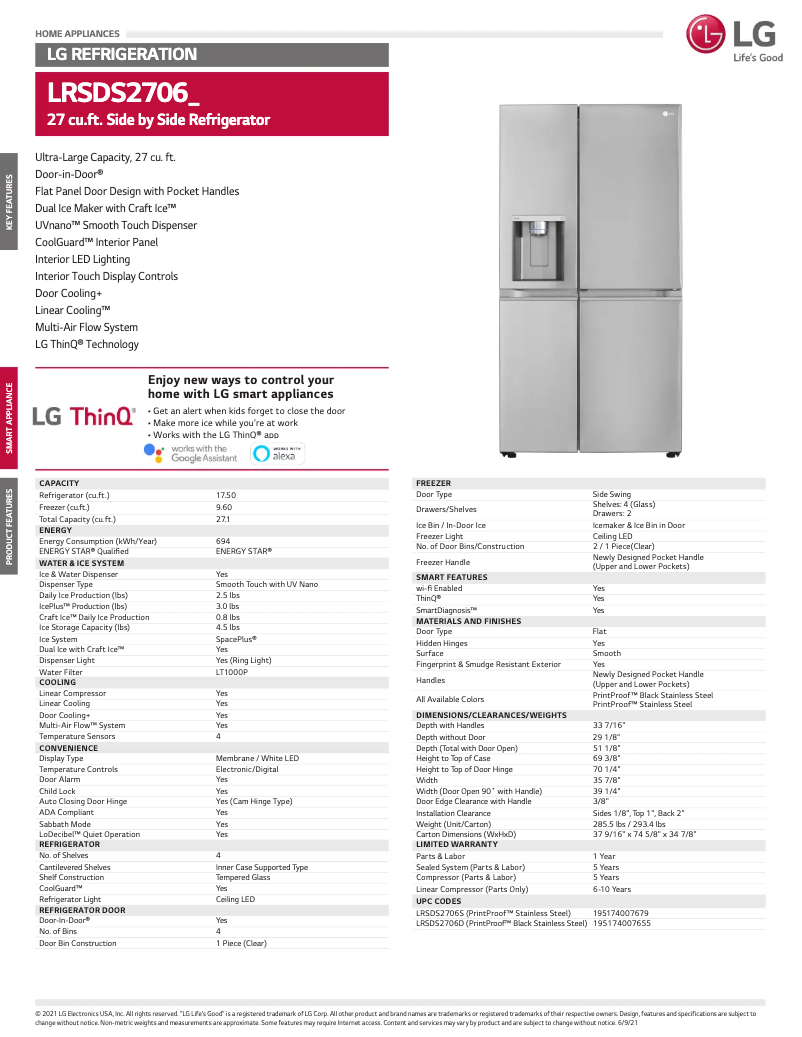 Page 1 de la notice Fiche technique LG LRSDS2706S