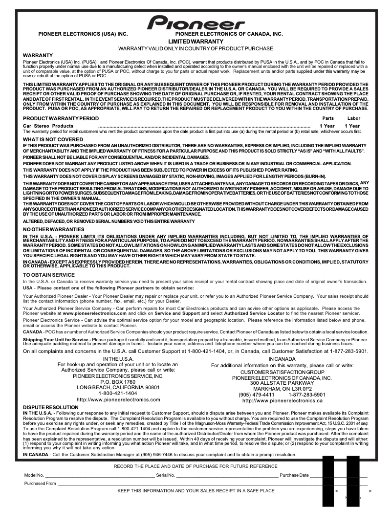 Page 1 de la notice Informations de garantie Pioneer AVIC-N5