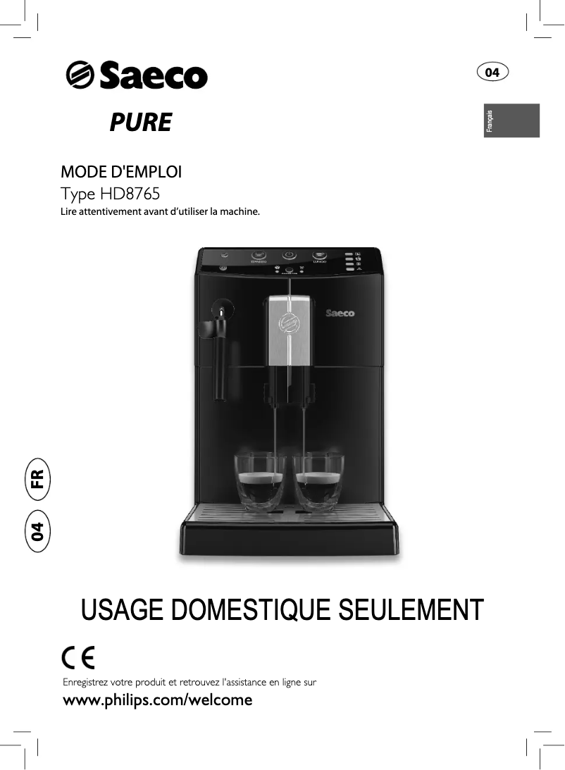 Image de la première page du manuel de l'appareil Saeco Minuto HD8765