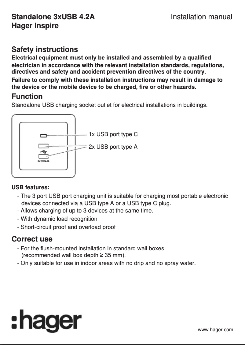 Page 1 de la notice Manuel utilisateur Hager WGCXS3USBEG
