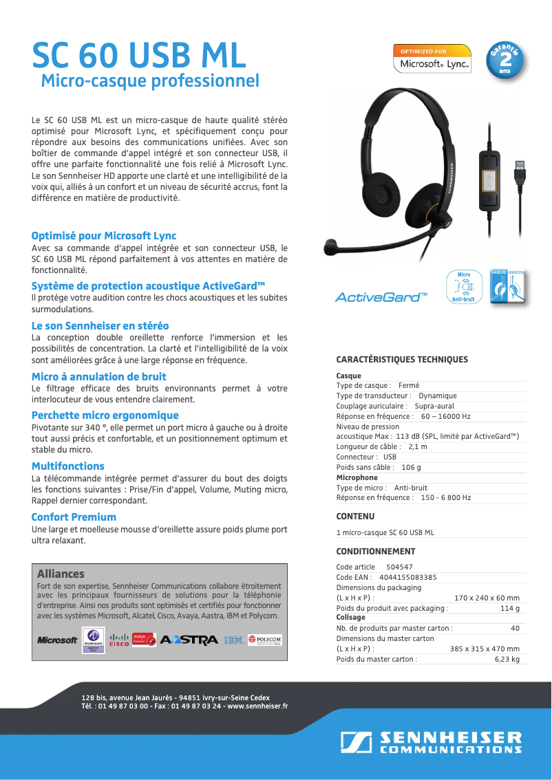Page 1 de la notice Fiche technique Sennheiser ML USB 60 SC