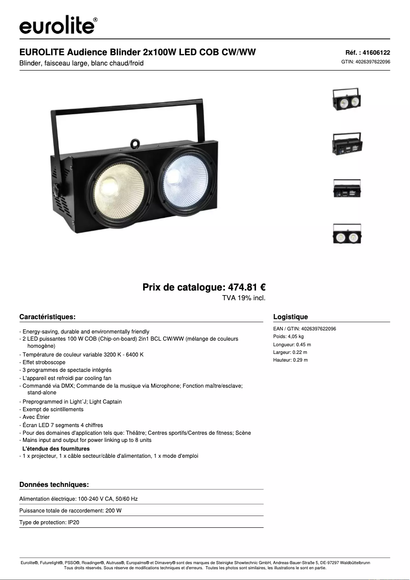 Page 1 de la notice Fiche technique Eurolite Audience Blinder 2x100W LED COB CW/WW