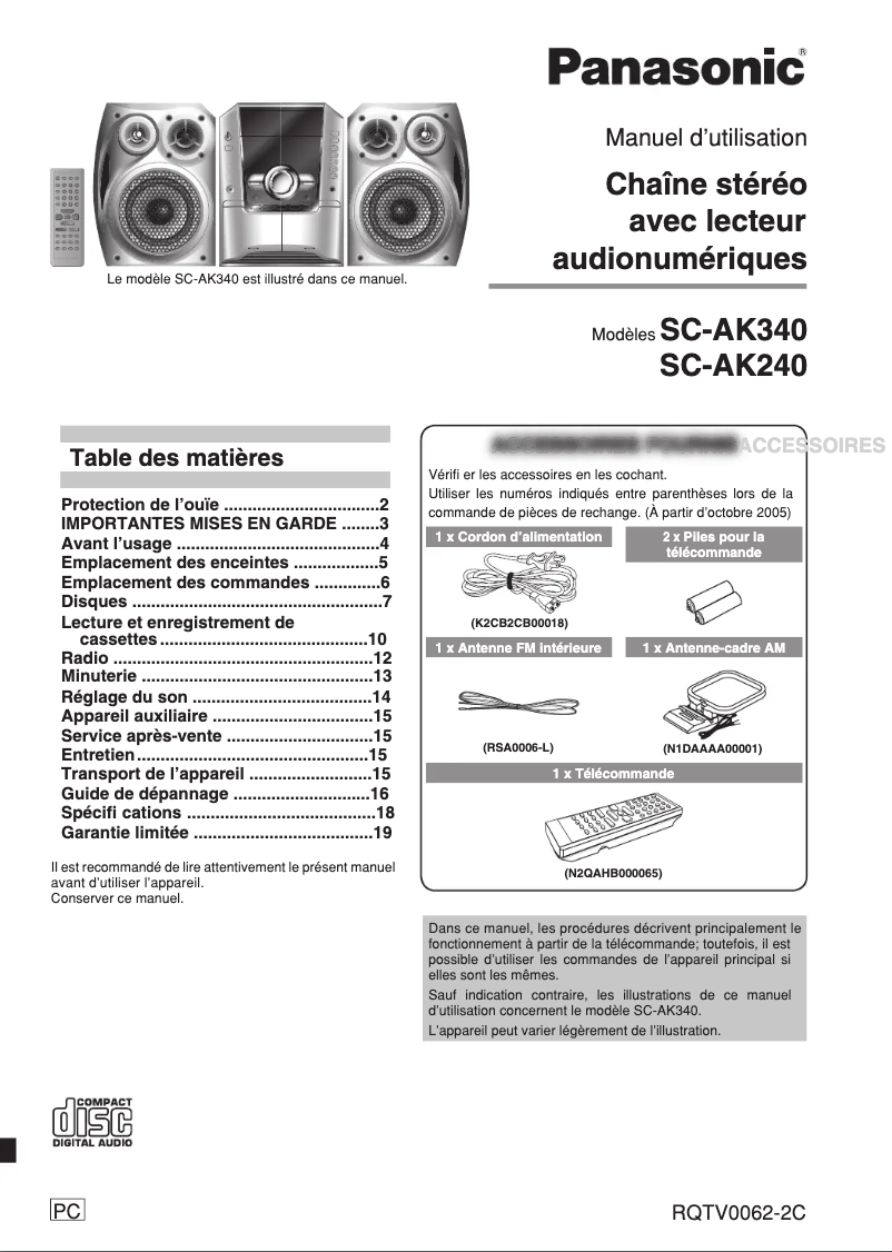 Page 1 de la notice Manuel utilisateur Panasonic SC-AK340
