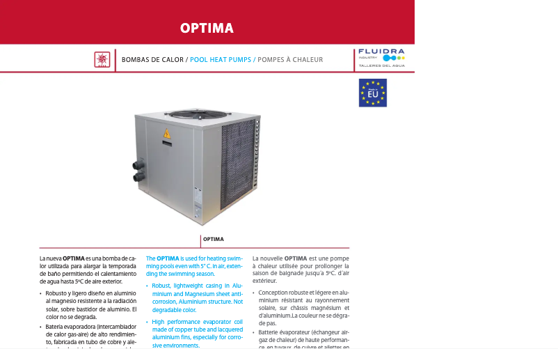 Page 1 de la notice Fiche technique AstralPool Optima