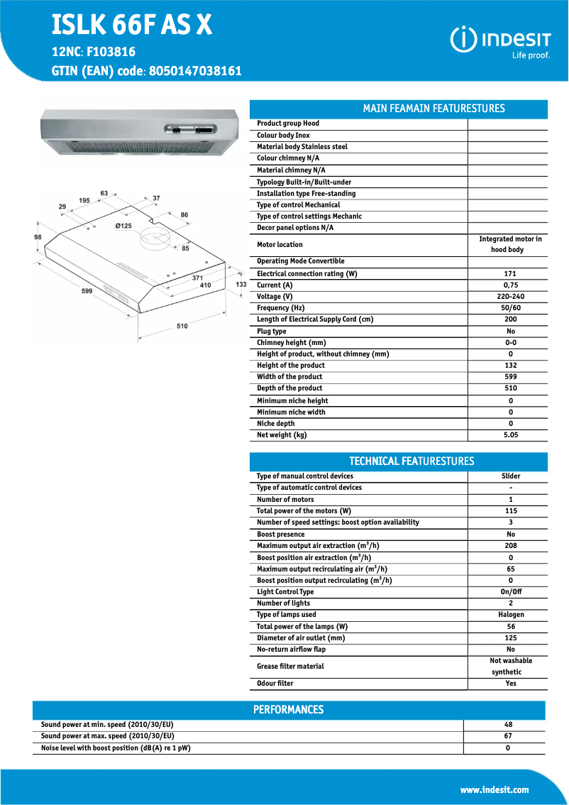 Page 1 de la notice Fiche technique Indesit ISLK 66F AS X