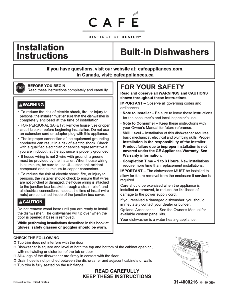 Page 1 de la notice Guide d'installation GE CDT855P2NS1