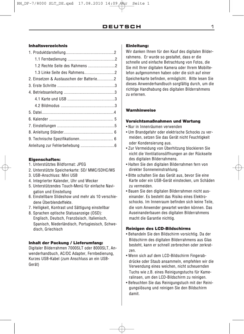 Page 1 de la notice Manuel utilisateur Braun Digiframe 7000SLT