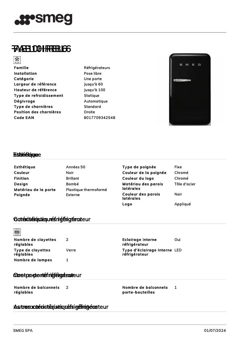 Página 1 del manual Ficha técnica Smeg FAB10HRBL6