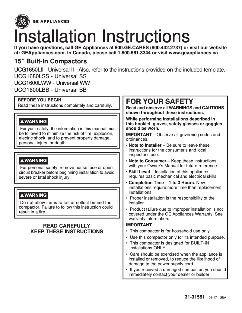 Page 1 de la notice Guide d'installation GE Profile UCG1600LWW