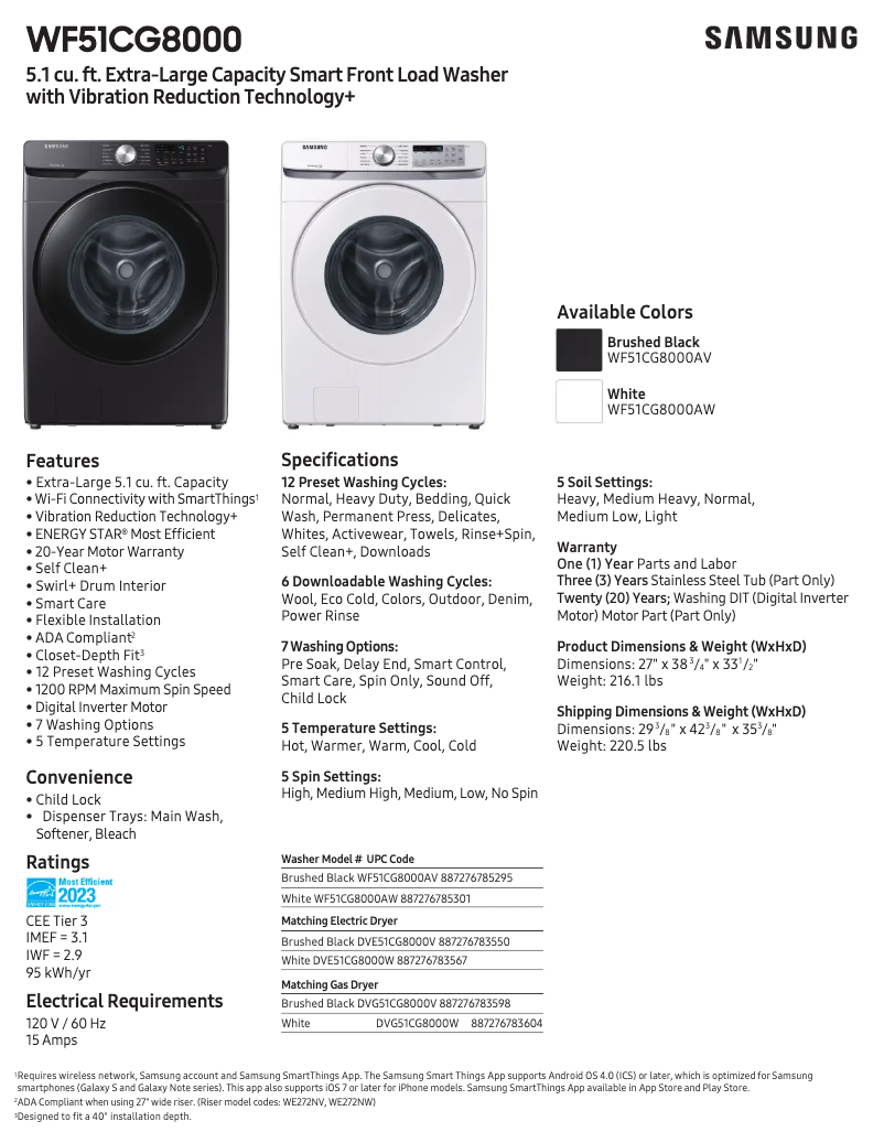 Página 1 del manual Ficha técnica Samsung WF51CG8000AV