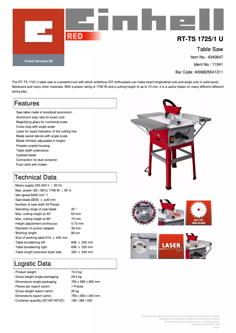 Page 1 de la notice Fiche technique Einhell RT-TS 1725/1 U