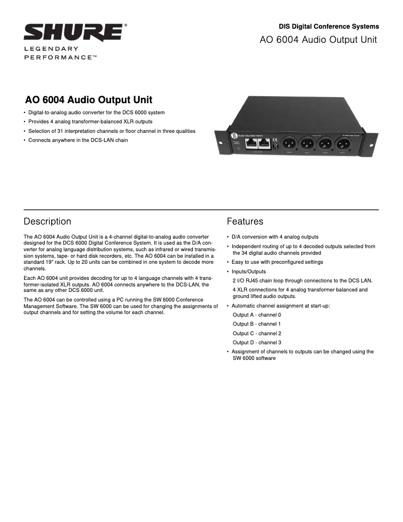 Page 1 de la notice Fiche technique Shure AO 6004