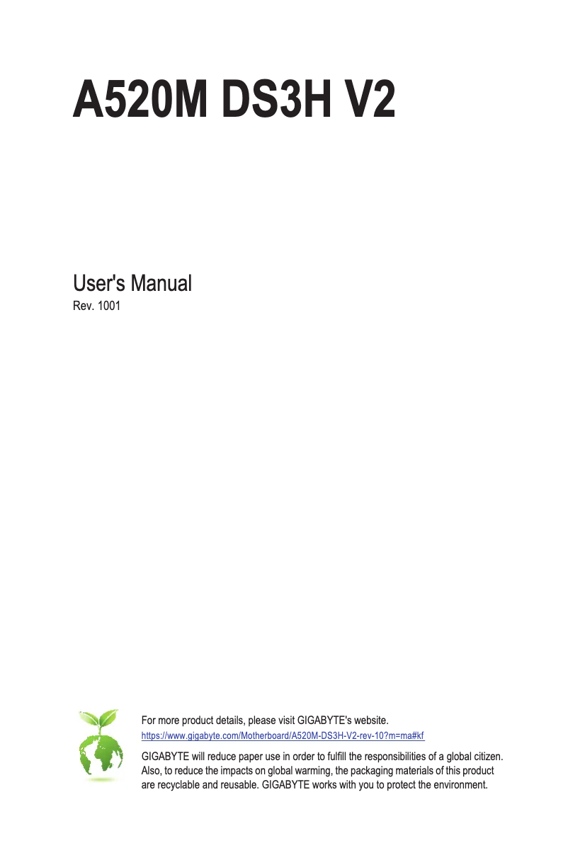 Page 1 de la notice Manuel utilisateur Gigabyte A520M DS3H V2