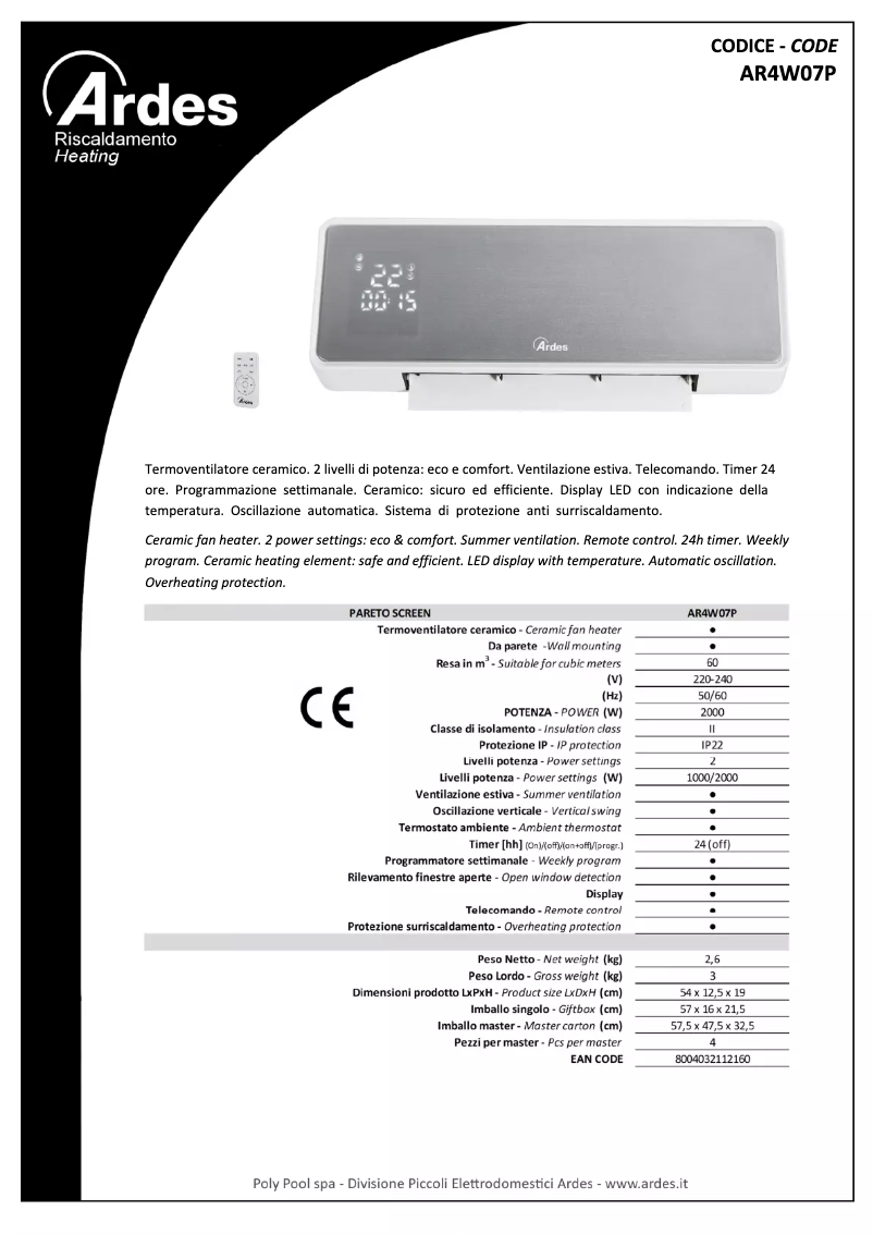 Page 1 de la notice Fiche technique Ardes AR4W07P