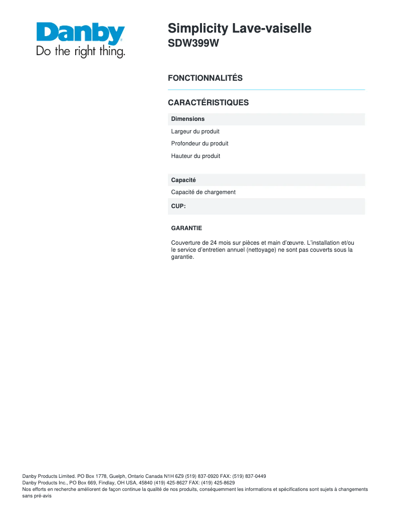 Page n°1 - Manuel utilisateur Danby SDW399W