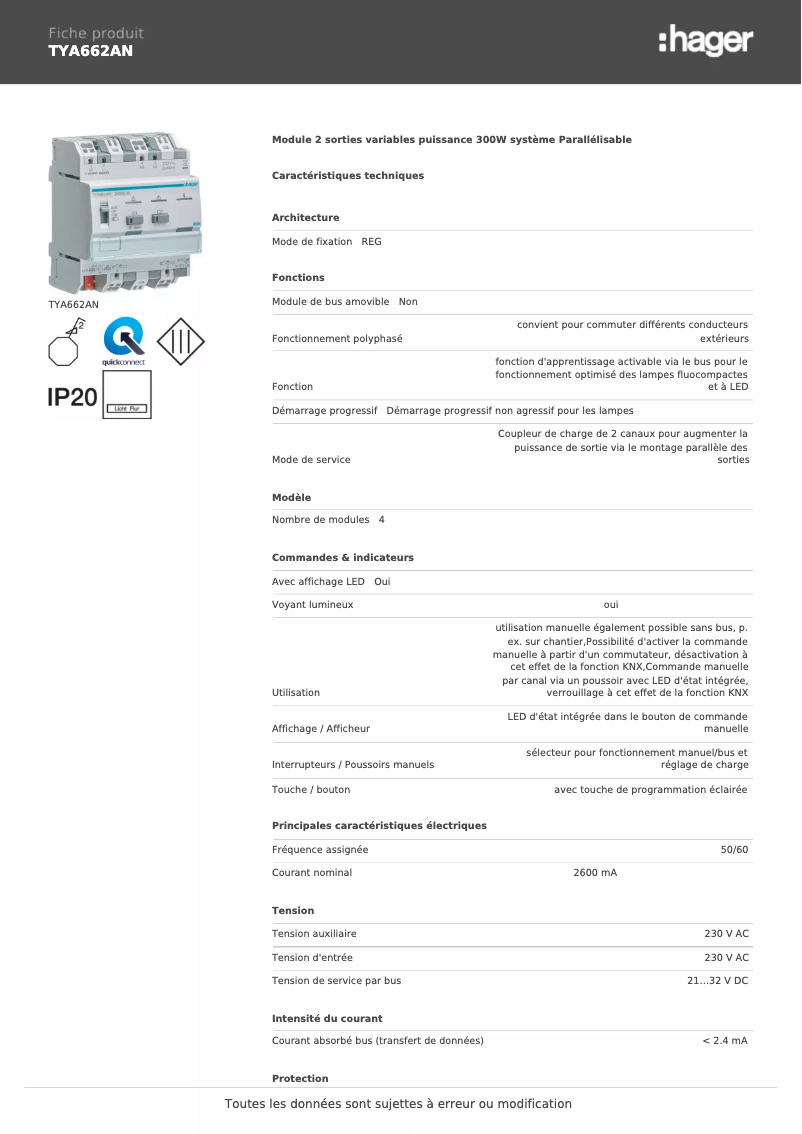 Page 1 de la notice Fiche technique Hager TYA662AN