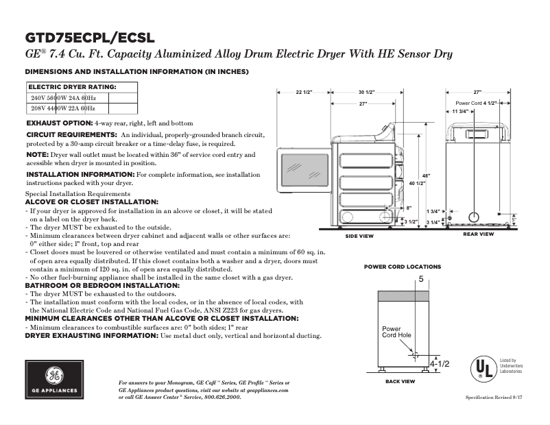 Page n°1 - Fiche technique GE GTD75ECPLDG