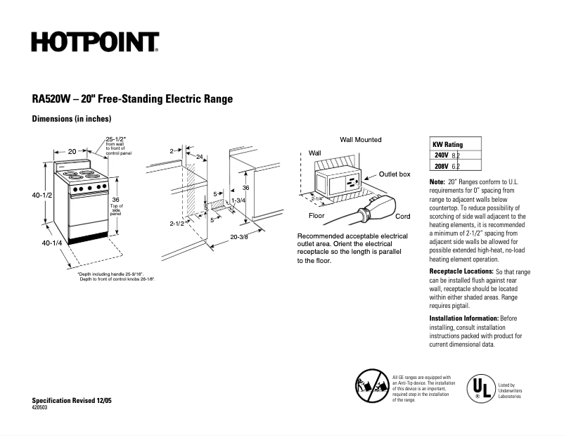 Page n°1 - Fiche technique Hotpoint RA520WWH