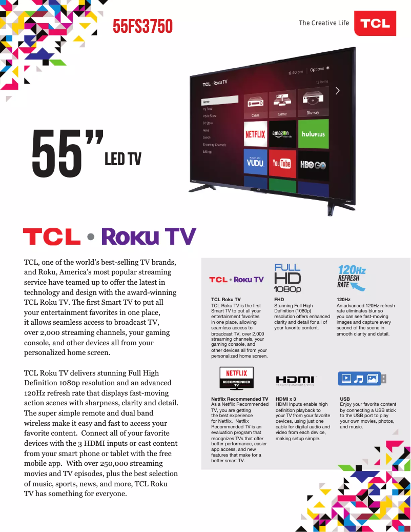Page 1 de la notice Fiche technique TCL 55FS3750